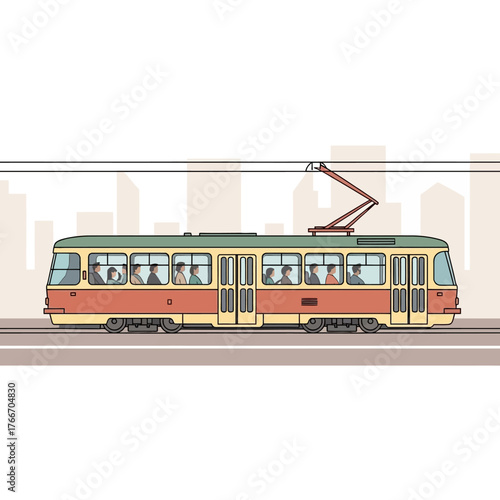 Vintage City Tram Illustration Passengers on Public Transportation