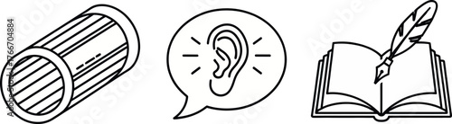 Vector art of set of three icons a megaphone, a speech bubble with an ear, and an open book with a quill pen