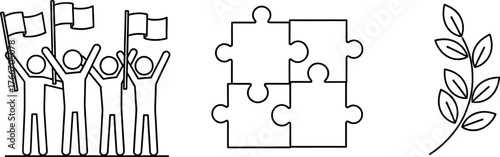 Vector art of group of people holding flags, puzzle pieces, and a branch