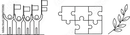 Vector art of group of people holding flags, puzzle pieces, and a branch