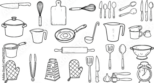 Vector art of collection of handdrawn kitchen utensil and cooking tool illustrations
