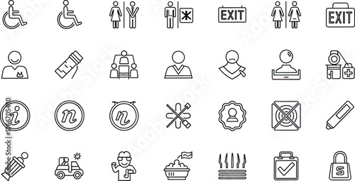 Vector art of collection of various icons and symbols for public spaces, including accessibility, restrooms, information, and services