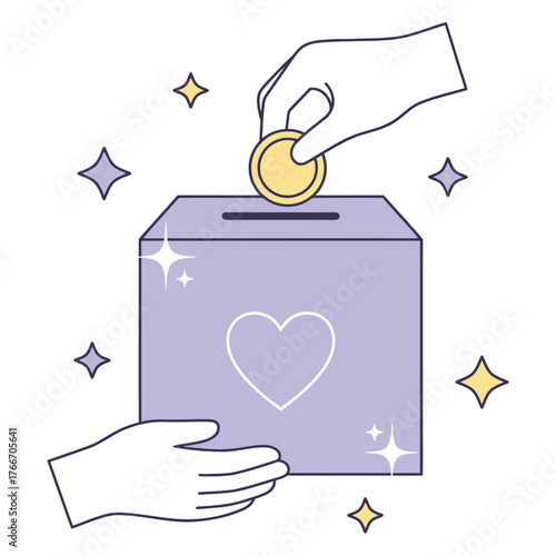 Hand putting coin into donation box with heart symbol for charity and fundraising