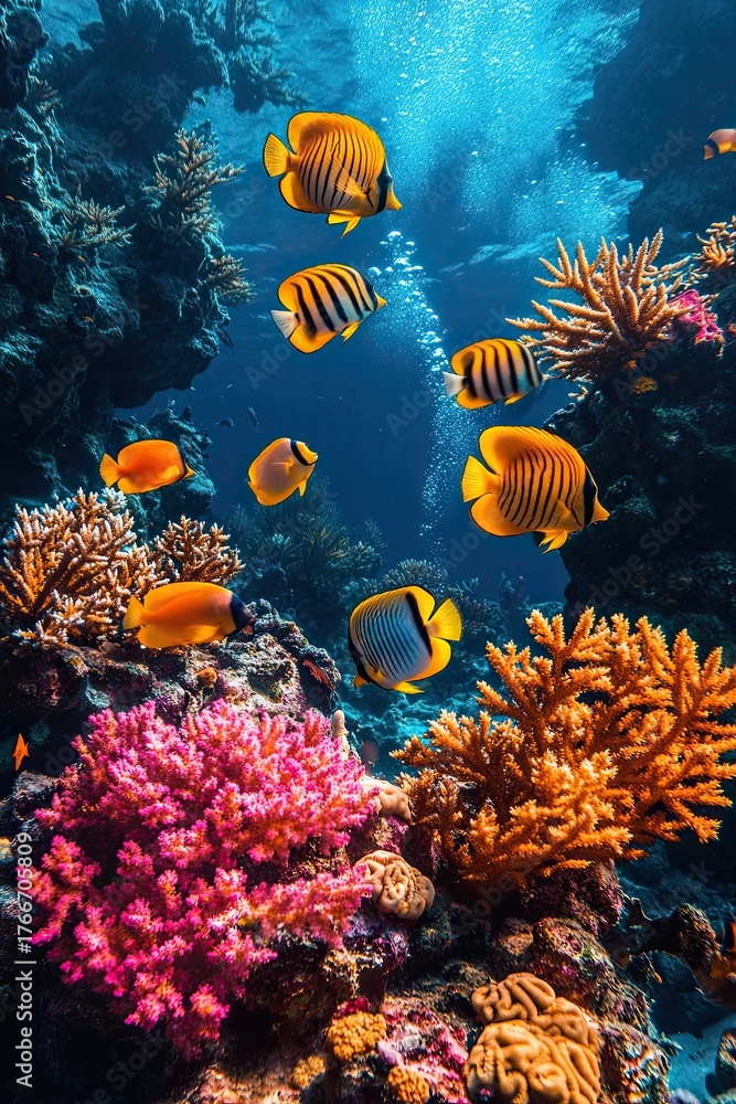 Naklejka premium beautiful underwater world with corals and tropical fish