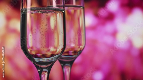 Two champagne flutes against warm bokeh