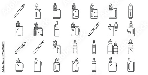 Collection of various vape devices and ecigarette designs in a simple outline style