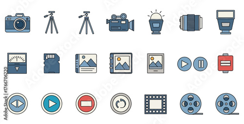 Collection of photography and videography equipment icons in a flat design style