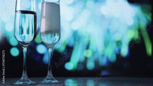 Two champagne flutes against cool blue bokeh