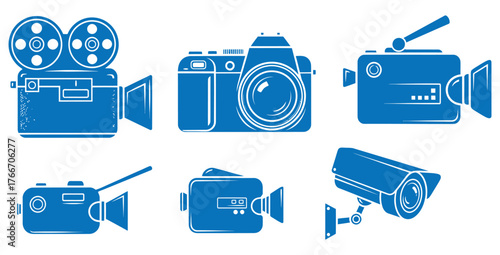 Collection of blue camera icons including vintage film camera and modern surveillance camera