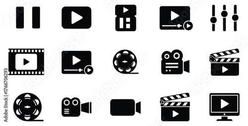 Collection of black and white film and video icons representing movie production tools