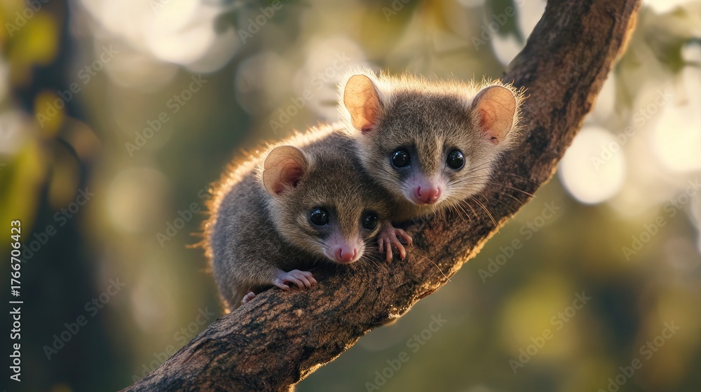 Fototapeta premium Two small animals perched on branch