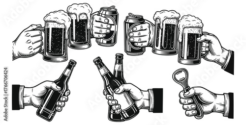 Monochrome illustration of hands holding beer mugs cans bottles and bottle opener tool