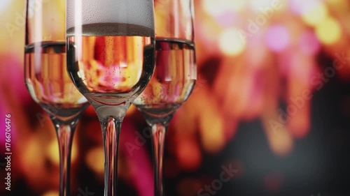 Three flutes with rising froth and golden liquid framed by sparkling bokeh