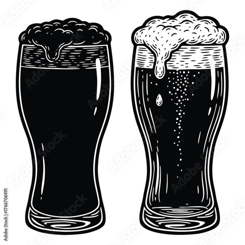 Two glasses of dark beer with overflowing foam in a vintage engraving style art