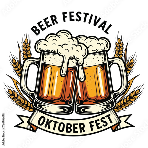 Two frothy beer mugs toasting at oktoberfest beer festival with wheat and banner design