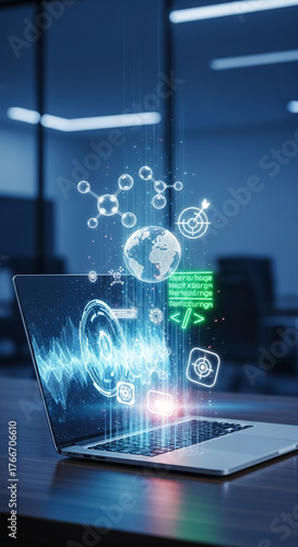 Open laptop displays digital interface with molecule, earth, code, representing global data, technology and scientific connection for business solutions