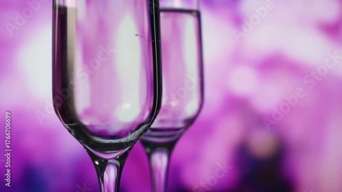 Luxury glasses with romantic ambiance, Champagne glasses glisten amidst romantic neon glow