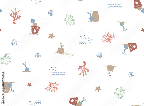 Whimsical Beach Sandcastle and Seashell Pattern