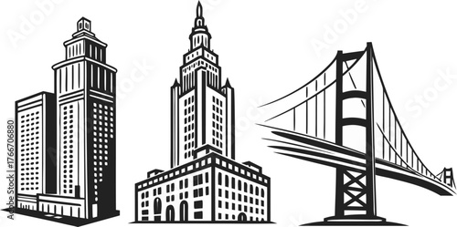 Bridge sketch over city river with skyline and buildings at night