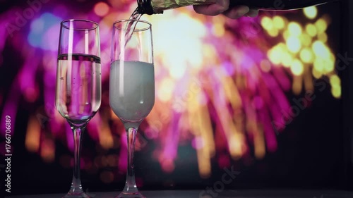 Celebration sounds escalate, Music and fireworks blend with bubbly atmosphere at midnight gathering