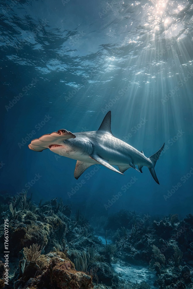 Fototapeta premium Hammerhead shark in the underwater world. Observing ocean wildlife.