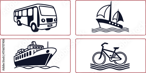 Transport and travel icons with boats cars and nautical symbols vector illustration
