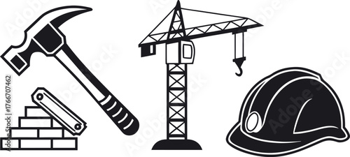 Black and white vector illustration of an electric guitar with industrial and construction themed elements