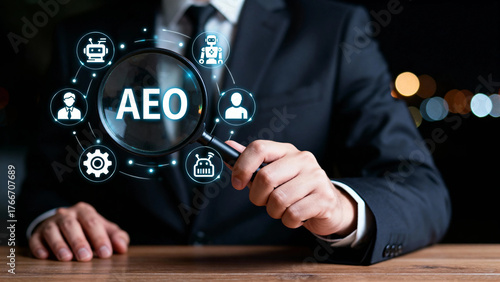 Business professional examining AEO concept with magnifying glass and digital icons