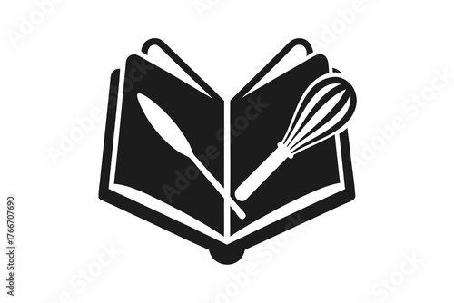 Open baking recipe book icon with whisk illustration  
