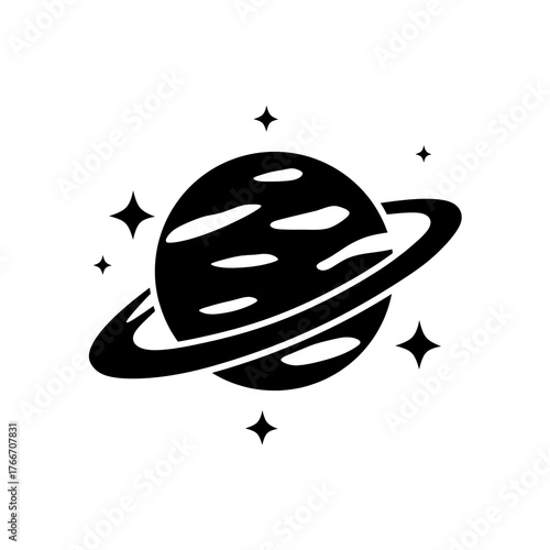 Black and White Planet with Ring and Stars in Space Illustration