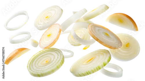Onion slices flying cut out on PNG. AI GENERATED.