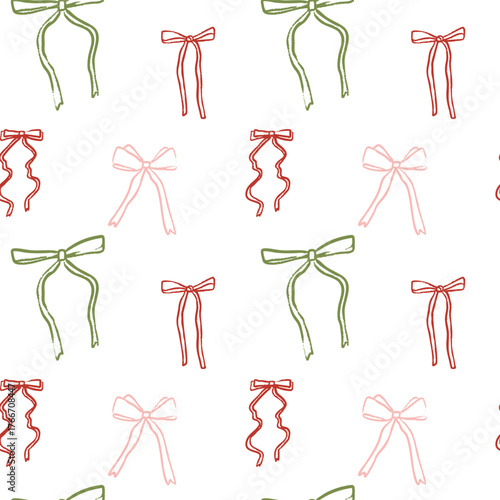 Festive seamless pattern with hand drawn bows in red, green, and pink tones on a transparent background. Perfect for Christmas wrapping paper, textiles, cards, and holiday packaging