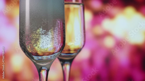 Elegant bubbles in warm light, Golden champagne glasses with sparkling bubbles and intimate glow