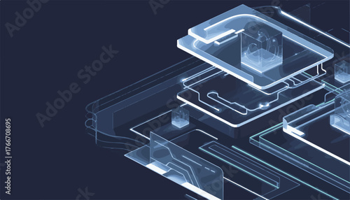 The abstract blue background features a blueprint of a house that combines design, technology, and architecture as an engineering concept