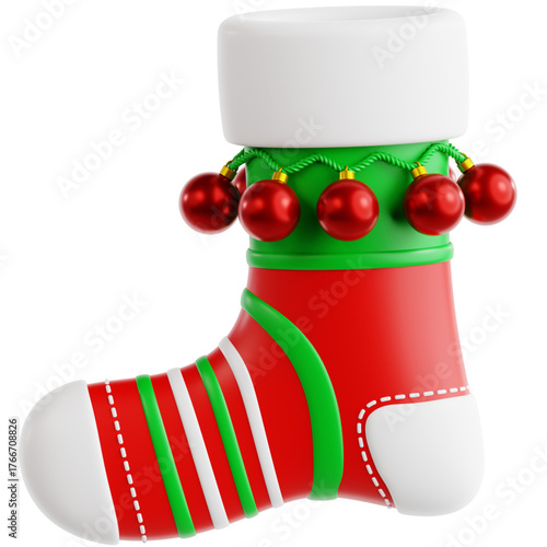 Festive red and green striped Christmas stocking adorned with small shiny red ornaments and a fluffy white cuff, perfect for holiday gifting and seasonal decor