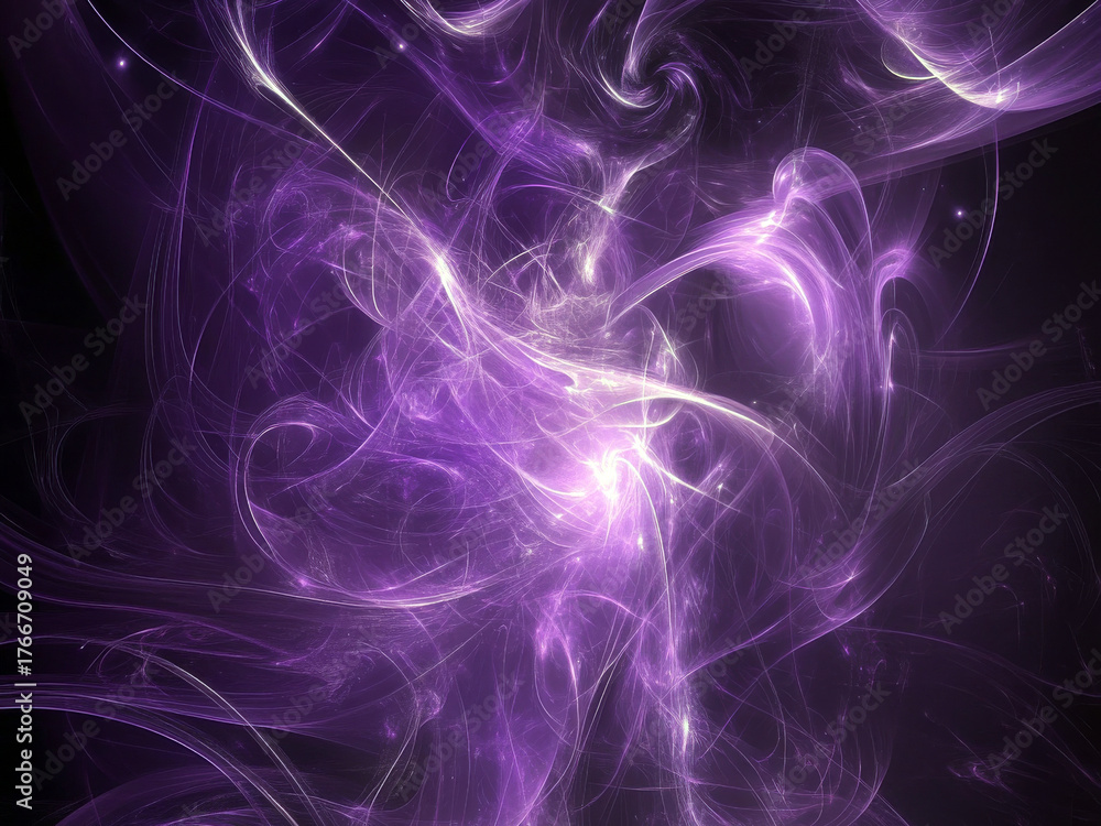 Fototapeta premium Vivid abstract purple energy swirl background with glowing light trails and soft neon waves. Dynamic motion and ethereal texture create a futuristic cosmic look. Perfect for digital art or wallpaper.