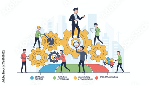 Teamwork and collaboration in business processes, illustrating strategy, planning, execution, operations, coordination, communication, and resource allocation with people interacting with gears and