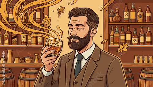 A distinguished gentleman with a beard and mustache, dressed in a formal suit, savoring the rich aroma and amber hues of a glass of whisky or bourbon in a rustic bar setting, surrounded by barrels
