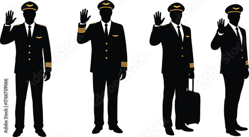 Flat vector, airline pilot silhouettes waving, aviation crew, professional uniform, travel concept, airport staff, flight captain, occupational illustration design
