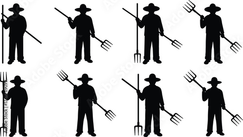 Flat vector, farmer silhouettes with pitchfork, agricultural workers, rural lifestyle, farming tools, countryside labor, traditional farm, occupational illustration design