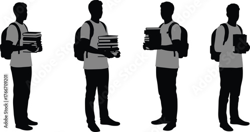 CAD drawing flat vector, student silhouette with backpack and books, educational character design, academic posture illustration, school learning concept diagram