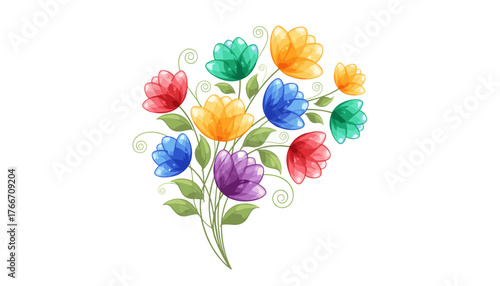 A vibrant bouquet of translucent, multicolored flowers, including red, blue, yellow, purple, and teal blossoms, artfully arranged with green leaves and delicate swirling stems against a clean