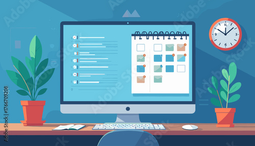 Modern flat design illustration of a computer screen displaying a digital calendar and to-do list, symbolizing time management and scheduling. Two potted plants and a wall clock complete the scene