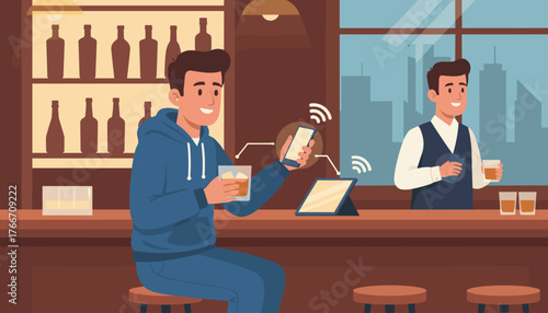 Modern man unwinding at a dimly lit bar, holding a glass of whiskey and interacting with his smartphone, while a bartender serves drinks in the background, symbolizing relaxation and technology