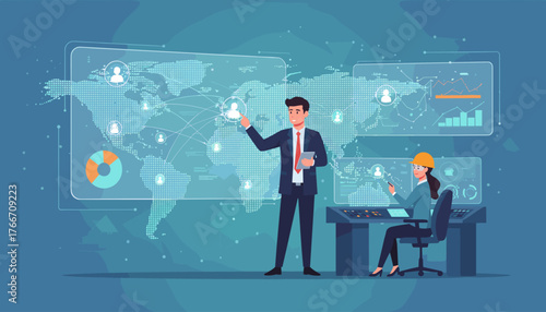 Global logistics and transport concept with business professionals analyzing data on a world map interface, showcasing international trade, supply chain management, and technological advancements in