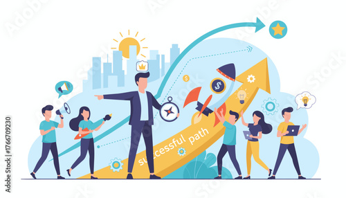 Vibrant vector illustration showcasing leadership qualities and a successful business path, featuring a team launching a rocket towards a star, symbolizing growth, innovation, and achieving goals