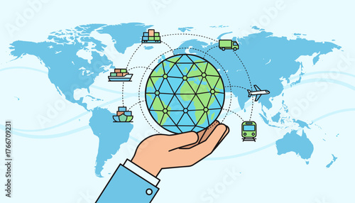 Global logistics and transportation network concept, with a hand holding a connected globe and various modes of transport like ships, trucks, airplanes, and trains circulating the world map