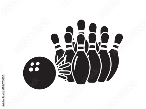 black and white bowling ball and pins