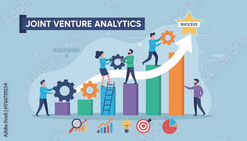 Vibrant vector illustration depicting a joint venture analytics concept, with diverse business people collaborating to assemble gears and climb a rising bar graph towards a star symbolizing success