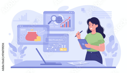 Flat illustration of a young woman, a designer or freelancer, working on her laptop and tablet, analyzing business growth charts, SEO promotion data, and financial reports, symbolizing digital